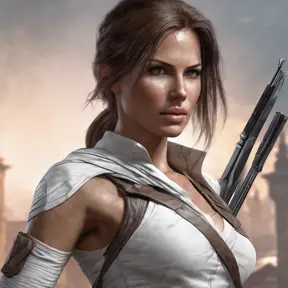 Matte portrait of a beautiful Lara Croft in white Assassin's Creed style, 8k, Highly Detailed, Intricate, Realistic, Sharp Focus, Volumetric Lighting, Fantasy, Elegant by Stanley Artgerm Lau, WLOP, Stefan Kostic