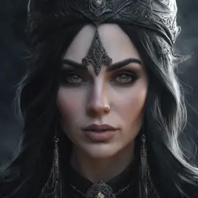Matte portrait of a beautiful gothic black haired sorceress in the style of Stefan Kostic, 8k, High Definition, Highly Detailed, Intricate, Half Body, Realistic, Sharp Focus, Fantasy, Elegant