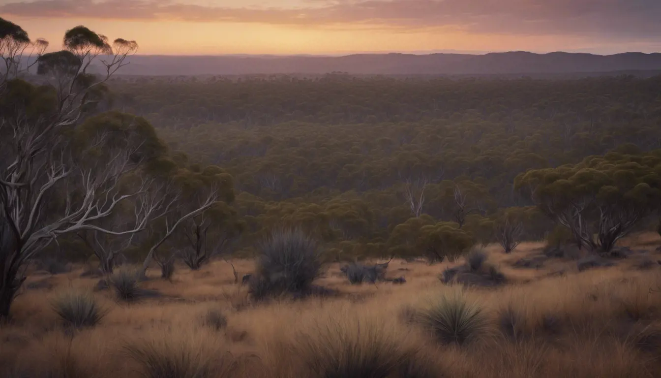 A stunning photo of a natural Australian bush landscape at dusk, 4k, 8k, Highly Detailed