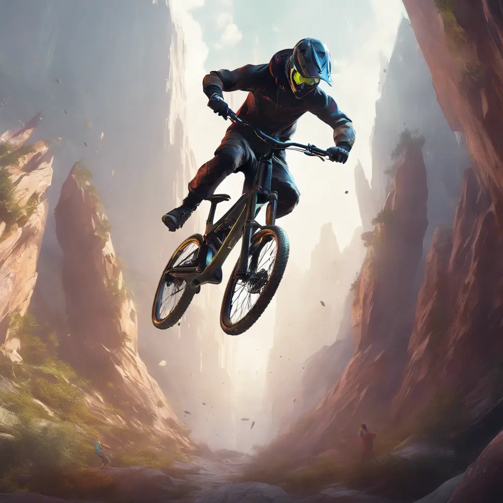 Someone back flipping a 60ft gap with a dual suspension mountain bike, Cybernatic and Sci-Fi, Volumetric light effect by Stanley Artgerm Lau