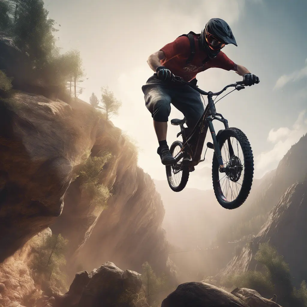 Someone back flipping a 60ft gap with a dual suspension mountain bike, 8k, Volumetric light effect by Stanley Artgerm Lau