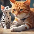 A ginger cat playing with a dalmation, 4k resolution, Atmospheric, High Resolution, Masterpiece by Stanley Artgerm Lau