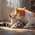 A ginger cat playing with a dalmation, 4k resolution, Atmospheric, High Resolution, Masterpiece by Stanley Artgerm Lau