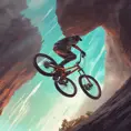 Someone back flipping a 60ft gap with a dual suspension mountain bike, Cybernatic and Sci-Fi, Volumetric light effect by Stanley Artgerm Lau