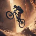 Someone back flipping a 60ft gap with a dual suspension mountain bike, 8k, Volumetric light effect by Stanley Artgerm Lau