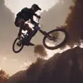 Someone back flipping a 60ft gap with a dual suspension mountain bike, 8k, Volumetric light effect by Stanley Artgerm Lau