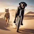 A dog riding a bike in the desert being chased by cat, 8k, Volumetric light effect by Stanley Artgerm Lau