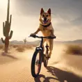 A dog riding a bike in the desert being chased by cat, 8k, Volumetric light effect by Stanley Artgerm Lau