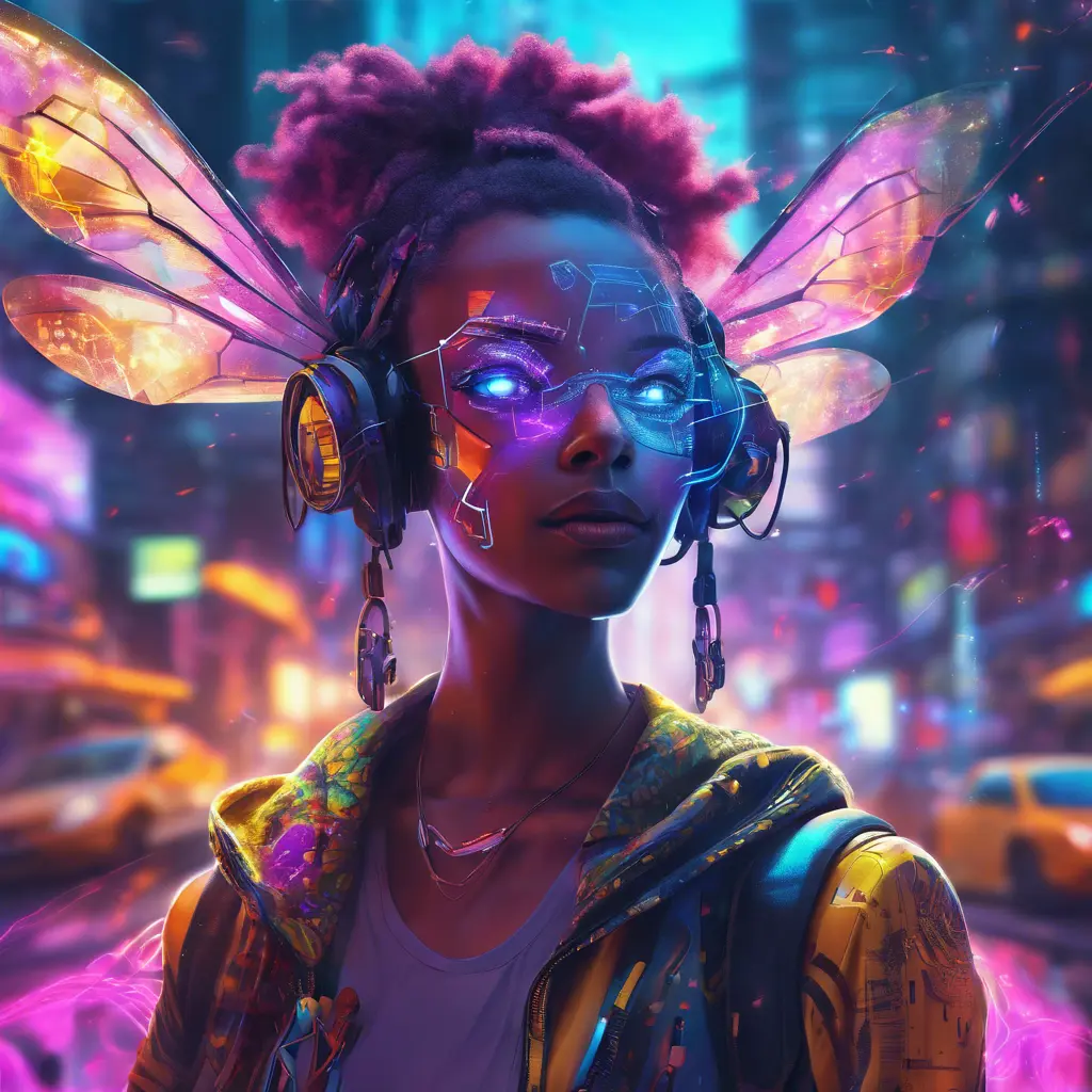 A Cyberpunk half bee and half Human girl with vizor, Afrofuturism, Cybernatic and Sci-Fi, Cityscape, Bloom light effect, Colorful, Ecstatic, Exciting, Joyful