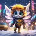 A funny furry half bee and half cat with 7 tails, Afrofuturism, Chibi, Cybernatic and Sci-Fi, Cityscape, Snow, Dreamworks, Bloom light effect, Colorful, Ecstatic, Exciting, Joyful