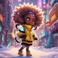 A funny furry half bee and half Human girl with 7 tails, Afrofuturism, Chibi, Cybernatic and Sci-Fi, Cityscape, Snow, Dreamworks, Bloom light effect, Colorful, Ecstatic, Exciting, Joyful