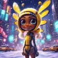 A funny furry half bee and half Human girl with 7 tails, Afrofuturism, Chibi, Cybernatic and Sci-Fi, Cityscape, Snow, Dreamworks, Bloom light effect, Colorful, Ecstatic, Exciting, Joyful