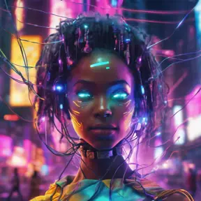 A Cyberpunk half bee and half Human girl with 7 electric wires, Afrofuturism, Cybernatic and Sci-Fi, Cityscape, Bloom light effect, Colorful, Ecstatic, Exciting, Joyful