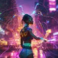 A Cyberpunk half bee and half Human girl with 7 electric wires, Afrofuturism, Cybernatic and Sci-Fi, Cityscape, Bloom light effect, Colorful, Ecstatic, Exciting, Joyful
