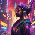 A Cyberpunk half bee and half Human girl with vizor, Afrofuturism, Cybernatic and Sci-Fi, Cityscape, Bloom light effect, Colorful, Ecstatic, Exciting, Joyful
