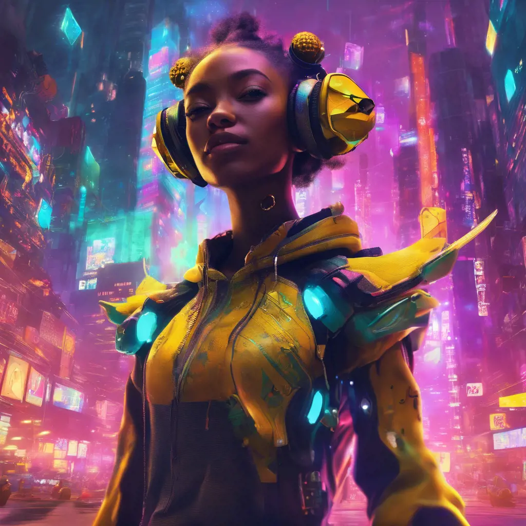 A Cyberpunk half bee and half Human girl with vizor, Afrofuturism, Cybernatic and Sci-Fi, Cityscape, Bloom light effect, Colorful, Ecstatic, Exciting, Joyful