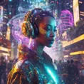 A Cyberpunk half bee and half Human white girl with vizor, Afrofuturism, Cybernatic and Sci-Fi, Cityscape, Bloom light effect, Colorful, Ecstatic, Exciting, Joyful