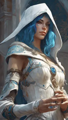 Closeup of blue haired witch from Assassins Creed in white armor, Highly Detailed, Intricate, Artstation, Beautiful, Digital Painting, Sharp Focus, Concept Art, Elegant by Alphonse Mucha, Greg Rutkowski