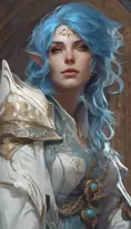 Closeup of blue haired witch from Assassins Creed in white armor, Highly Detailed, Intricate, Artstation, Beautiful, Digital Painting, Sharp Focus, Concept Art, Elegant by Alphonse Mucha, Greg Rutkowski