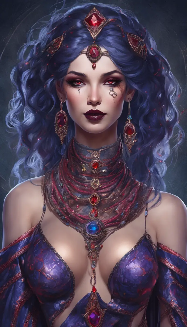 A pale snake skin woman with striking violet-red eyes and full lips curved into a cold, calculating smile. Her dynamic midnight blue hair is styled in intricate braids, adorned with shimmering gems. She possesses large, heavy cleavage and wears form-fitting robes of deep crimson and ebony, with a decorated bodice featuring intricate patterns and arcane sigils that reveal her mastery of dark magic. The woman stands confidently in a hyper-detailed tavern background. Powerful and muscular, this gothic and fantasy character is inspired by trending Artstation concepts. The scene is beautifully lit to emphasize her enchanting yet sinister presence. Channeling the artistic style of Stanley Artgerm Lau, the resulting image should be high-quality, detailed, and a true masterpiece—created in high resolution, extremely detailed, and presented in 8k and HD quality, reminiscent of 8k photography, suitable for the world of DnD., 8k, Hyper Detailed, Powerful, Gothic and Fantasy, Symmetry, Trending on Artstation, Beautiful, DnD, Sharp Focus, Fisheye lens, Beautifully Lit, Naturalism, Fantasy, Shadowy, Muscular, Hyper Realistic by Robby Cavanaugh