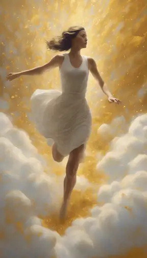 A visually striking masterpiece capturing a woman running through clouds of luminous gold dust. Exquisite details, top-quality composition, and an official aesthetic create an extremely detailed work of art, reflecting the ethereal beauty of this captivating moment., Powerful, Magical, Artgerm by Craigie Aitchison