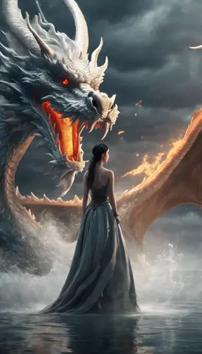A captivating Gongbi-style artwork featuring a beautiful lady standing before a majestic dragon, amidst pouring water. Set against mysterious backdrops with smooth, curved lines, this photo-realistic piece showcases the power of Unreal Engine 5., 4k resolution, 8k, HDR, Hyper Detailed, Powerful, Ultra Detailed, Gothic and Fantasy, Beautiful, Ethereal, Comic, Cloudy Day, Alien, HDR Render, Photo Realistic, Realistic, Artgerm, Unreal Engine, Natural Light, Neon, Comics, Colorful, Hyper Realistic
