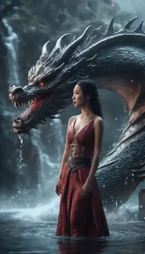 A captivating Gongbi-style artwork featuring a beautiful lady standing before a majestic dragon, amidst pouring water. Set against mysterious backdrops with smooth, curved lines, this photo-realistic piece showcases the power of Unreal Engine 5., 4k resolution, 8k, HDR, Hyper Detailed, Hypomorphic, Powerful, Ultra Detailed, Gothic and Fantasy, Horror, Ukiyo-e, Cosmic Horror, Ethereal, HDR Render, Photo Realistic, Realistic, Unreal Engine, Natural Light, Neon, Japonism, Comics, Rich, Hyper Realistic