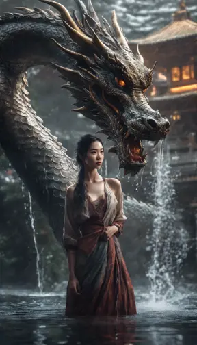 A captivating Gongbi-style artwork featuring a beautiful lady standing before a majestic dragon, amidst pouring water. Set against mysterious backdrops with smooth, curved lines, this photo-realistic piece showcases the power of Unreal Engine 5., Hyper Detailed, Ultra Detailed, Cosmic Horror, Gothic, HDR Render, Unreal Engine, Fantasy, Surrealistic, Hyper Realistic