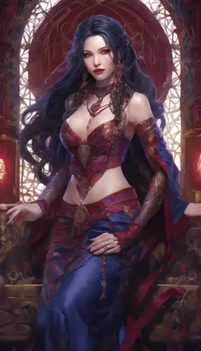 pale snake skin woman, Violet Red colored eyes, [[full lips that often curve into a cold, calculating smile]], dynamic midnight blue long hair [[styled in intricate braids, adorned with small, shimmering gems that catch the light]], large heavy cleavage, wearing form fitting robes of deep crimson and ebony, decorated bodice, adorned with intricate patterns and arcane sigils that hint at her mastery of dark magic, hyper detailed tavern background, (high quality), (detailed), (masterpiece), (best quality), (highres), (extremely detailed), (8k), HD, 8k, photography, Powerful, Gothic and Fantasy, Trending on Artstation, DnD, Beautifully Lit, Fantasy, Muscular by Stanley Artgerm Lau