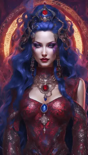 A pale snake skin woman with striking violet-red eyes and full lips curved into a cold, calculating smile. Her dynamic midnight blue hair is styled in intricate braids, adorned with shimmering gems. She possesses large, heavy cleavage and wears form-fitting robes of deep crimson and ebony, with a decorated bodice featuring intricate patterns and arcane sigils that reveal her mastery of dark magic. The woman stands confidently in a hyper-detailed tavern background. Powerful and muscular, this gothic and fantasy character is inspired by trending Artstation concepts. The scene is beautifully lit to emphasize her enchanting yet sinister presence. Channeling the artistic style of Stanley Artgerm Lau, the resulting image should be high-quality, detailed, and a true masterpiece—created in high resolution, extremely detailed, and presented in 8k and HD quality, reminiscent of 8k photography, suitable for the world of DnD., Powerful, Gothic and Fantasy, Trending on Artstation, DnD, Beautifully Lit, Fantasy, Muscular by Stanley Artgerm Lau