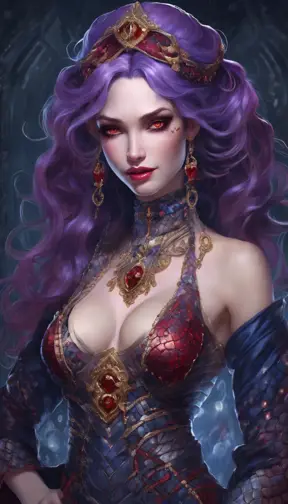 A pale snake skin woman with striking violet-red eyes and full lips curved into a cold, calculating smile. Her dynamic midnight blue hair is styled in intricate braids, adorned with shimmering gems. She possesses large, heavy cleavage and wears form-fitting robes of deep crimson and ebony, with a decorated bodice featuring intricate patterns and arcane sigils that reveal her mastery of dark magic. The woman stands confidently in a hyper-detailed tavern background. Powerful and muscular, this gothic and fantasy character is inspired by trending Artstation concepts. The scene is beautifully lit to emphasize her enchanting yet sinister presence. Channeling the artistic style of Stanley Artgerm Lau, the resulting image should be high-quality, detailed, and a true masterpiece—created in high resolution, extremely detailed, and presented in 8k and HD quality, reminiscent of 8k photography, suitable for the world of DnD., 8k, Hyper Detailed, Powerful, Gothic and Fantasy, Trending on Artstation, Beautiful, DnD, Beautifully Lit, Naturalism, Fantasy, Muscular, Hyper Realistic by Stanley Artgerm Lau