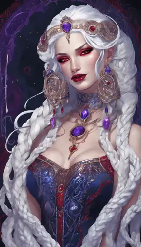 A pale snake skin woman with striking violet-red eyes and full lips curved into a cold, calculating smile. Her dynamic midnight blue hair is styled in intricate braids, adorned with shimmering gems. She possesses large, heavy cleavage and wears form-fitting robes of deep crimson and ebony, with a decorated bodice featuring intricate patterns and arcane sigils that reveal her mastery of dark magic. The woman stands confidently in a hyper-detailed tavern background. Powerful and muscular, this gothic and fantasy character is inspired by trending Artstation concepts. The scene is beautifully lit to emphasize her enchanting yet sinister presence. Channeling the artistic style of Stanley Artgerm Lau, the resulting image should be high-quality, detailed, and a true masterpiece—created in high resolution, extremely detailed, and presented in 8k and HD quality, reminiscent of 8k photography, suitable for the world of DnD., 8k, Hyper Detailed, Powerful, Gothic and Fantasy, Symmetry, Trending on Artstation, Beautiful, DnD, Fisheye lens, Beautifully Lit, Naturalism, Fantasy, Muscular, Hyper Realistic