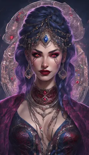 A pale snake skin woman with striking violet-red eyes and full lips curved into a cold, calculating smile. Her dynamic midnight blue hair is styled in intricate braids, adorned with shimmering gems. She possesses large, heavy cleavage and wears form-fitting robes of deep crimson and ebony, with a decorated bodice featuring intricate patterns and arcane sigils that reveal her mastery of dark magic. The woman stands confidently in a hyper-detailed tavern background. Powerful and muscular, this gothic and fantasy character is inspired by trending Artstation concepts. The scene is beautifully lit to emphasize her enchanting yet sinister presence. Channeling the artistic style of Stanley Artgerm Lau, the resulting image should be high-quality, detailed, and a true masterpiece—created in high resolution, extremely detailed, and presented in 8k and HD quality, reminiscent of 8k photography, suitable for the world of DnD., 8k, Hyper Detailed, Powerful, Gothic and Fantasy, Pixiv, Disney, DnD, Backlight Photo, Naturalism, Fantasy, Muscular, Hyper Realistic