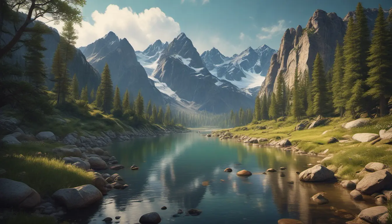 Lake in mountains streams and rivers flow down slopes of mountains and rocks into the valley spring in mountains, 8k, Award-Winning, Highly Detailed, Beautiful, Octane Render, Unreal Engine, Radiant, Volumetric Lighting by Greg Rutkowski