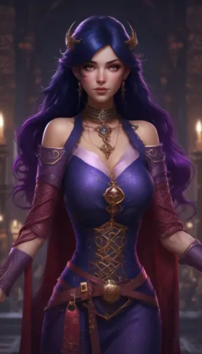 A pale snake skin woman with striking violet-red eyes and full lips curved into a cold, calculating smile. Her dynamic midnight blue hair is styled in intricate braids, adorned with shimmering gems. She possesses large, heavy cleavage and wears form-fitting robes of deep crimson and ebony, with a decorated bodice featuring intricate patterns and arcane sigils that reveal her mastery of dark magic. The woman stands confidently in a hyper-detailed tavern background. Powerful and muscular, this gothic and fantasy character is inspired by trending Artstation concepts. The scene is beautifully lit to emphasize her enchanting yet sinister presence. Channeling the artistic style of Stanley Artgerm Lau, the resulting image should be high-quality, detailed, and a true masterpiece—created in high resolution, extremely detailed, and presented in 8k and HD quality, reminiscent of 8k photography, suitable for the world of DnD., 8k, Hyper Detailed, Powerful, Gothic and Fantasy, Trending on Artstation, Beautiful, DnD, Beautifully Lit, Naturalism, Fantasy, Muscular, Hyper Realistic by Stanley Artgerm Lau