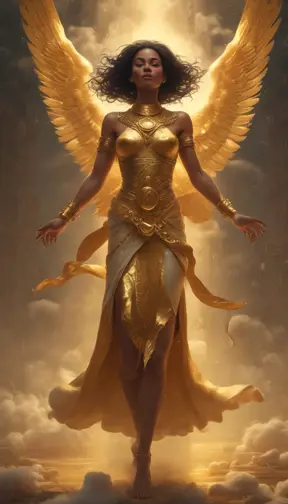 A visually striking masterpiece capturing a woman running through clouds of luminous gold dust. Exquisite details, top-quality composition, and an official aesthetic create an extremely detailed work of art, reflecting the ethereal beauty of this captivating moment., 8k, Egyptian Mythology, Beautiful, Ethereal, Comic, Photo Realistic, Realistic, Artgerm, Unreal Engine, Comics by Stanley Artgerm Lau