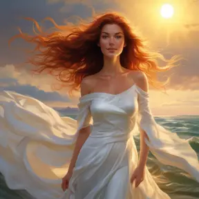 A woman with flowing auburn hair, emerald green eyes, and a delicate smile. She is wearing a flowing white gown that billows gently in the wind. The sun is setting behind her, casting a golden glow on her skin., Matte by Stanley Artgerm Lau