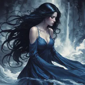 A woman with long, black hair that cascades down her back like a silken waterfall. She wears a dark, velvet dress that clings to her curves. Her eyes are a deep, mysterious blue, and she gazes out at the viewer with an enigmatic smile. The scene is dimly lit, with only a single candle casting flickering shadows on her face., Matte by Stanley Artgerm Lau