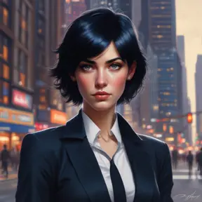 A woman with short, choppy black hair and piercing blue eyes. She is wearing a tailored black suit and a confident smirk. She stands tall and proud, radiating an aura of power and determination. The background is a bustling city street, with towering buildings and flashing neon lights., Matte by Stanley Artgerm Lau
