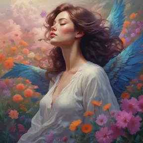 A woman with wings of iridescent feathers, floating above a field of wildflowers. Her eyes are closed, and her expression is serene. She is surrounded by a swirling mist, and the colors of the scene are vibrant and otherworldly., Matte by Stanley Artgerm Lau