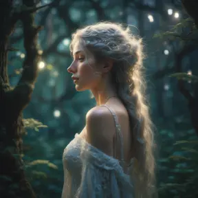 In the heart of an enchanted forest, bathed in the soft glow of bioluminescent flora, stands a captivating woman with ethereal beauty. Her skin is as pale and luminescent as moonlight filtered through ancient trees, casting a gentle radiance around her. Delicate features are accentuated by cascading locks of hair that shimmer like liquid silver under the forest's mystical lighting., 8k by Stanley Artgerm Lau