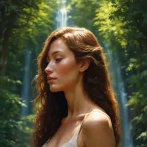 In the heart of a lush, verdant forest, bathed in dappled sunlight filtering through the leaves, stands a woman of breathtaking beauty. Her skin is the color of warm honey, glowing with an inner light that seems to radiate from within. Her hair cascades down her back in a waterfall of shimmering gold, each strand catching the light and reflecting it back in a dazzling display, 8k by Stanley Artgerm Lau