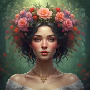 A crown of delicate flowers rests upon a woman of breathtaking beauty, woven together from the blossoms of the rarest and most beautiful flowers in the forest. They are a riot of color and scent, a fitting adornment for a queen of the woods., 8k by Stanley Artgerm Lau