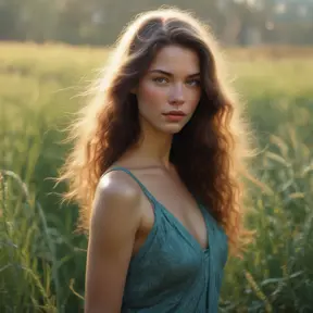A stunningly beautiful woman stands in a field of tall, swaying grasses. Her skin is flawless, with a warm, radiant glow. Her features are delicate and enchanting - high cheekbones, full lips, and large, expressive eyes that seem to shift between shades of green, blue, and gray. Her long, flowing hair cascades down her back in soft, wavy curls, the sunlight catching the shimmering highlights. She wears a simple, elegant dress that accentuates her graceful, statuesque figure. There is an air of mystery and allure about her, as if she has stepped out of a dream. Her gaze is captivating, drawing the viewer in with a sense of wonder and curiosity. The overall impression is one of timeless, ethereal beauty., 8k by Stanley Artgerm Lau