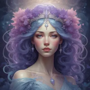 A portrait of a woman sculpted from moonlight and stardust. Her hair flows like a nebula, strands shimmering with silver and amethyst hues. Her eyes are pools of liquid starlight, reflecting galaxies within their depths. She wears a gown woven from the aurora borealis, its colors shifting and dancing across her form. A crown of delicate moonflowers rests upon her head, each petal glowing with an ethereal luminescence. Her expression is serene and wise, hinting at ancient secrets whispered by the cosmos., 8k, Art Nouveau, Surrealism by Stanley Artgerm Lau