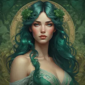 Imagine a scene where a beautiful woman stands amidst a serene garden at twilight. She has long, flowing hair that glimmers with hues of silver and gold under the fading sunlight. Her eyes are a deep, enchanting emerald green, reflecting the lush greenery around her., 8k, Art Nouveau, Surrealism by Stanley Artgerm Lau
