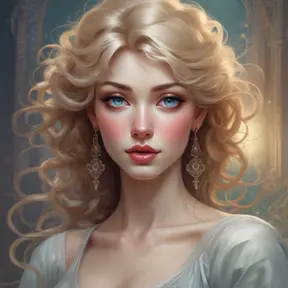 A breathtakingly beautiful woman with eyes the color of twilight skies, are framed by delicate lashes that cast shadows on her flawless, porcelain skin. Her lips are full and inviting, curved into a gentle smile that beckons all who behold her., 8k, Art Nouveau, Surrealism by Stanley Artgerm Lau