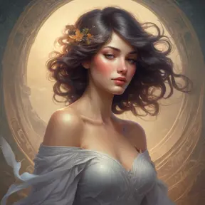 Misty air hums around a breathtakingly beautiful woman with a gentle melody, as if the very wind itself is whispering sweet nothings in her ear. She is a vision of beauty and grace, a living embodiment of nature's most enchanting creations., 8k, Art Nouveau, Surrealism by Stanley Artgerm Lau