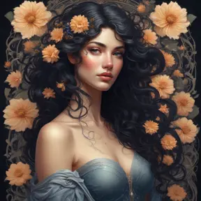 A breathtakingly beautiful woman's hair cascades down her shoulders like a waterfall of dark curls, adorned with delicate, luminescent flowers that seem to bloom and fade with her breaths, 8k, Art Nouveau, Surrealism by Stanley Artgerm Lau