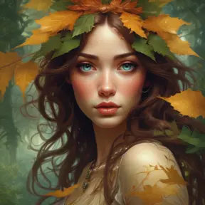 A breathtakingly beautiful woman eyes are pools of wisdom and mystery, reflecting the lush foliage surrounding her, while her skin glows with an inner warmth, like sunlight filtering through autumn leaves., 8k, Art Nouveau, Surrealism by Stanley Artgerm Lau